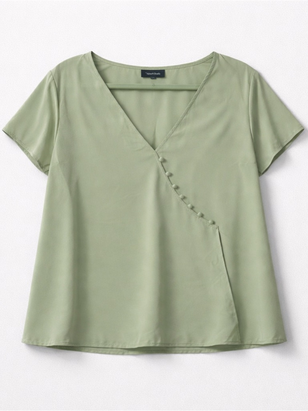 ModCloth Sage Green Faux-Wrap Blouse – V-Neck Button Detail Top (XL)